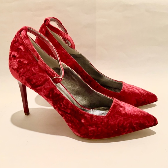 Oscar de la Renta Shoe Red Velvet Heels Stiletto Heel Dress Designer Shoes 37.5 - Picture 15 of 16